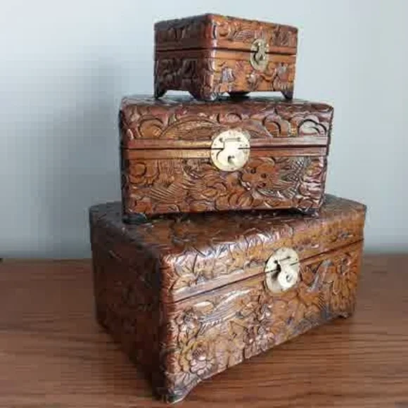 Hand-Carved Floral Wood Nesting Boxes - Brown - Picture 2 of 16